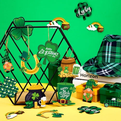 Vista 4 de Ferraycle 36 adornos de árbol del día de San Patricio, adornos de madera de trébol para árboles pequeños, decoraciones de trébol, gnomo, trébol