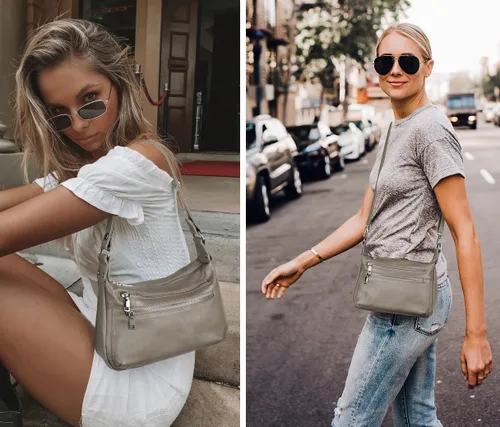 Vista 3 de YALUXE Bolso de hombro de cuero genuino, tamaño mediano, con múltiples bolsillos con cremallera, bolsos cruzados para mujer, color negro