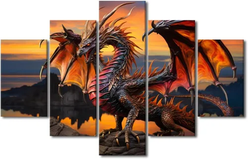 Vista 96 de Lienzo decorativo para pared de sala de estar, lienzo de dragón, 5 paneles, dragón verde, decoración de pared para el hogar, decoración de pared