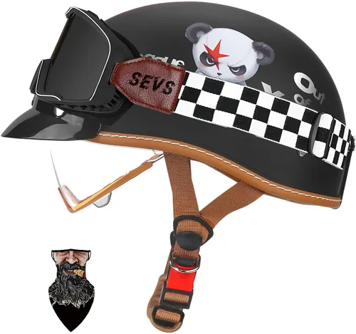 Vista 11 de Casco Moto Retro Jet para hombres y mujeres Homologado DOT, Medio Casco ABS, Ventilación Doble, Visera Retráctil y Forro Desmontable Fresco