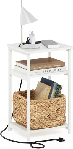 Vista 14 de Furinno Claude Mesa Auxiliar, Mesa Lateral de Mediados de Siglo con Estación de Carga, Mesita de Noche con Patas de Madera, Mesa de Cabecera