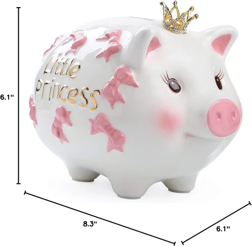 Vista 11 de Alcancía de cerámica, banco de monedas, caja de dinero de princesa corona para niña (rosa, 8.3 pulgadas de largo)