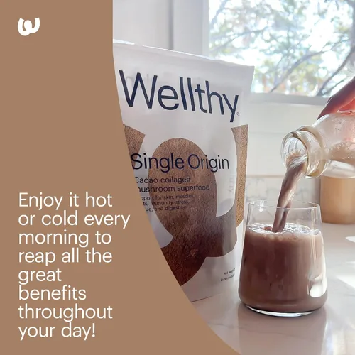 Vista 7 de Wellthy Superalimento en polvo de colágeno, combate el estrés y la fatiga, cacao, polvo de hongos, extractos orgánicos de chaga y reishi, matcha