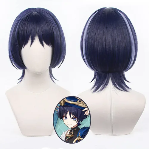 Vista 5 de XiongXiongLe Peluca de cosplay de Scaramouche azul para hombre, pelucas de repuesto de pelo corto y lacio + gorra para niños, juego Genshin Impact