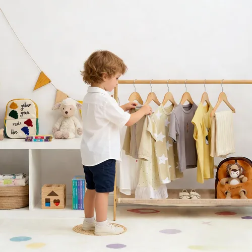Vista 7 de StorageWorks Perchas para bebé, paquete de 20 unidades, organizador de ropa de madera de arce para niños, colgador de madera con barra para Beige