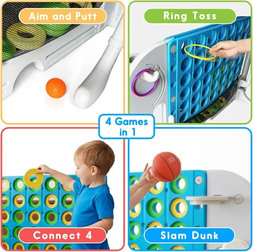 Vista 8 de Giant 4 in a Row Connect Game, Adjustable Height (2.6FT-4.3FT) Jumbo 4-to-Score Yard Game Set with Basketball, Golf & Ring Toss, Elephant Design