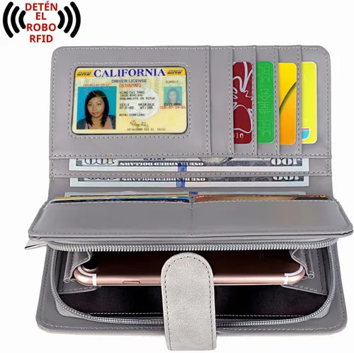 Vista 2 de UTO Cartera de cuero vegano para mujer, cartera larga con broche de presión, tarjetero de crédito, elegante embrague 0153 Gris