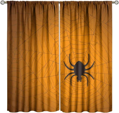 Vista 28 de Cortinas opacas de tela de araña aterradora para niños, tela de araña en blanco y negro, fondo rojo, dormitorio de niños, guardería, decoración