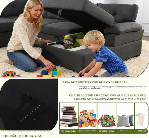 Vista 6 de asunflower Sofá cama modular con almacenamiento de 118 pulgadas, sofás seccionales en forma de U para sala de estar, sofá cama de gran tamaño de 6 a
