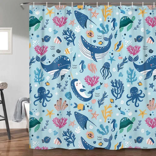 Vista 8 de Cortina de ducha náutica para niños, azul bohemio, océano, tiburón, abstracto, dibujos animados, decoración de baño, con cortinas de ducha de tela