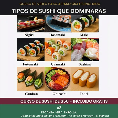 Vista 8 de Albino monkey Kit para hacer sushi con bazuca, tapete de bambú y curso