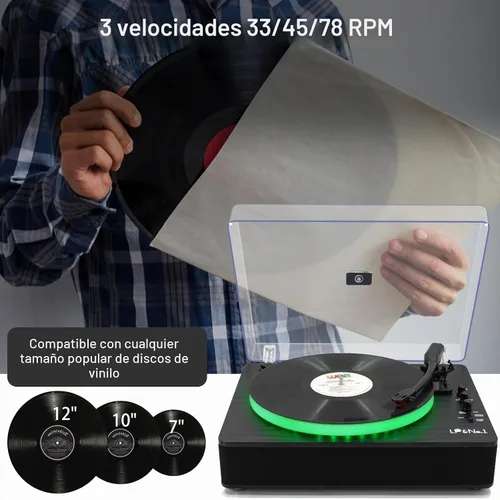 Vista 4 de LP&No.1 - Tocadiscos con altavoces estéreo incorporados, control LED, tocadiscos de vinilo de 3 velocidades con transmisión por correa con Negro