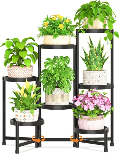 Vista 29 de LASZOLA Soporte plegable de 3 niveles para plantas de interior para múltiples macetas grandes, estante ajustable alto y resistente con estantería