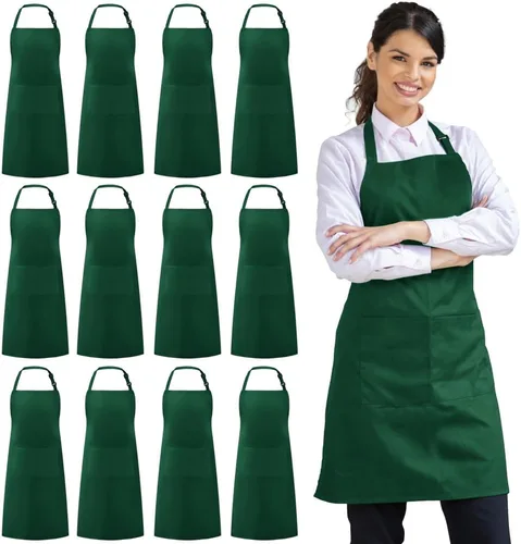 Vista 12 de Syntus Paquete de 12 delantales con peto, delantales unisex, ajustables, 100% algodón con 2 bolsillos, delantales de cocina para mujeres y hombres