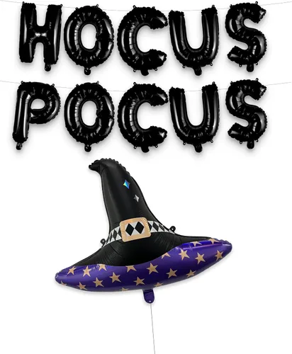 Vista 8 de HOUSE OF PARTY Hocus Pocus, pancarta de Halloween y globo de sombrero de bruja, decoración perfecta para fiestas de Halloween en interiores