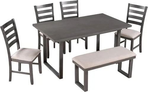 Vista 8 de Quarte Juego de mesa de comedor de 6 piezas, juego de mesa rectangular de madera rústica con 4 sillas y banco, perfecto para cocina y familia