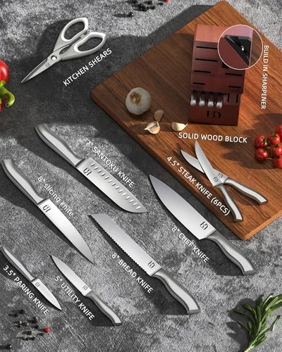Vista 5 de Juego de bloque de cuchillos KnifeSaga, juego de cuchillos de cocina con bloque de alta durabilidad, juego de 14 piezas de cuchillos japoneses