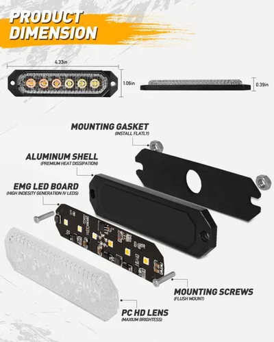 Vista 7 de HLauto Luces Estroboscópicas de Rejilla de Emergencia 406T: 4 Piezas de 6 LED con Función de Sincronización, Luz Intermitente de Advertencia de Ámbar