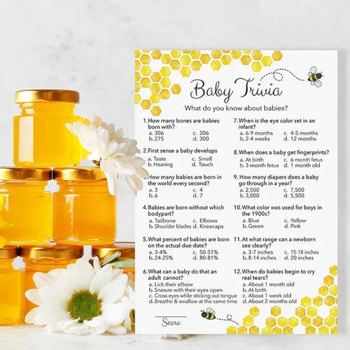 Vista 5 de Juego de Baby Shower de abeja – Baby Trivia – Paquete de 25 – Mommy to bee Bumble bee Neutral Amarillo Divertido Baby Datos Juegos de fiesta