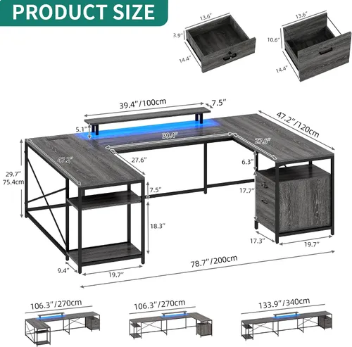 Vista 2 de YITAHOME Escritorio en Forma de U con Tomas de Corriente y Luces LED, Escritorio Reversible en Forma de L de 79" con Cajones, Escritorio de Esquina