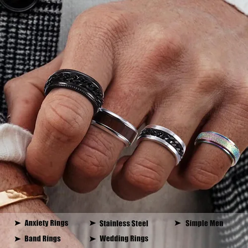Vista 2 de Besteel Juego de 16 anillos giratorios de acero inoxidable para hombres y mujeres, anillos para aliviar el estrés y la ansiedad, color negro