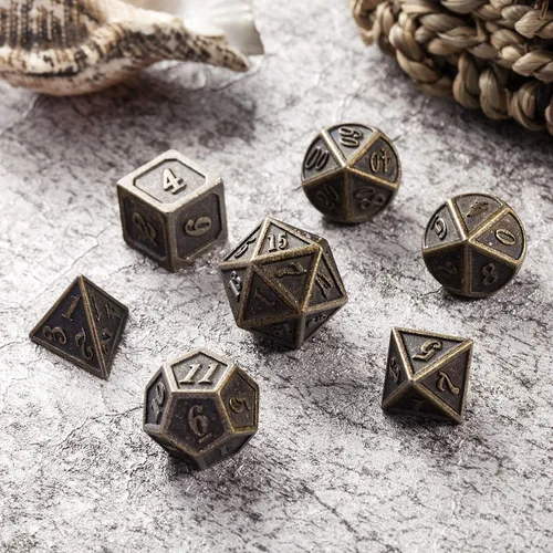 Vista 3 de DNDND - Dados de diseño antiguo, 7 dados de metal de latón con caja de metal para juegos de mesa como Dungeons and Dragons