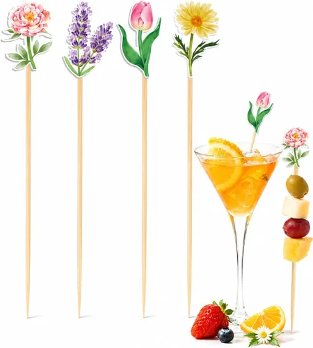 Vista 7 de 100 púas de cóctel florales, brochetas para aperitivos y bebidas