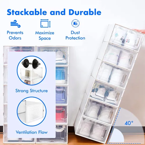 Vista 3 de Paquete de 72 cajas de zapatos de plástico transparente apilable, organizador de zapatos para armario, organizador de sombreros, organizador