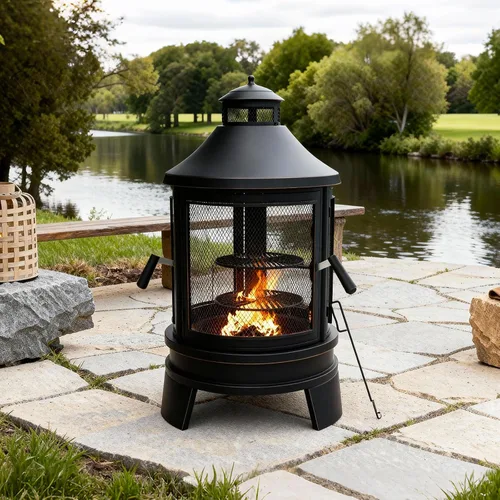 Vista 6 de ALAULM Chiminea de metal con parrilla, hoguera 2 en 1 con bandeja de parrilla ajustable y puerta mosquitera de malla, chimenea de acceso múltiple