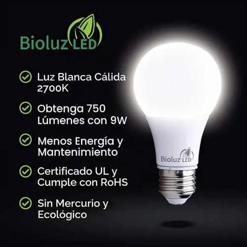Vista 4 de Bioluz LED Luces para dormitorio, equivalentes a bombillas LED de 60 W, 2700 K blanco cálido, bombillas LED A19 no regulables de 9 W, bombilla LED