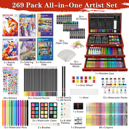 Vista 2 de POPYOLA Suministros de arte, juego de arte de lujo de 269 piezas con 6 blocs de dibujo, pinturas de acuarela, crayones y lápices
