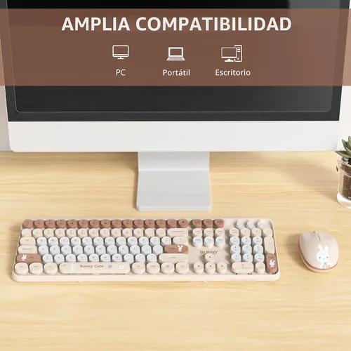 Vista 6 de Combo de teclado y mouse inalámbricos, bonito teclado de máquina de escribir con teclado numérico, teclado de tamaño completo de 2.4 GHz para PC