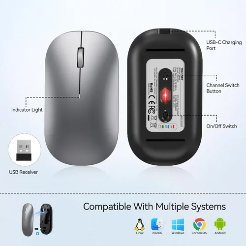 Vista 7 de TECKNET Ratón Bluetooth para MacBook, [USB + BT5.0 + BT3.0] Ratón inalámbrico recargable, clic silencioso, 4 niveles DPI, ratones de computadora