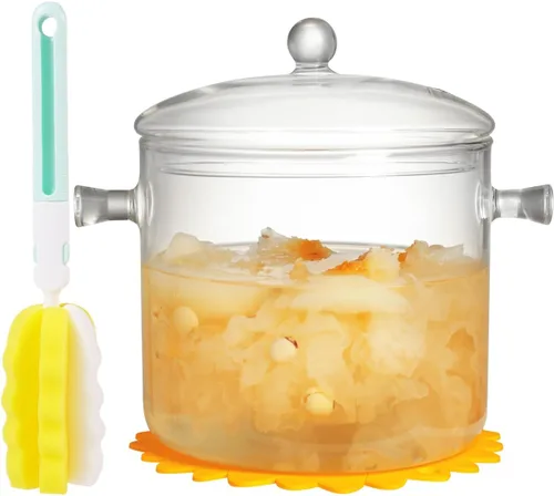 Vista 8 de Olla de Vidrio Transparente para Cocinar con Tapa, Cepillo y Almohadillas Térmicas de Silicona para Estufa - 1.5L (51oz) Olla de Vidrio