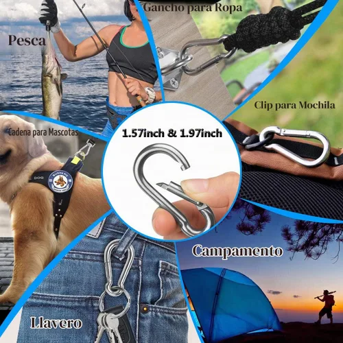 Vista 4 de Mosquetones de resorte, mosquetón de acero inoxidable 304, clip metálico resistente para conector de cuerda, abrazadera pequeña, llavero con hebilla