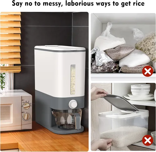 Vista 2 de VenDotbi Dispensador de arroz, contenedor de arroz de 22-25 libras con taza de medición, caja fresca incorporada mejorada, dispensador de cereales