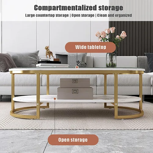 Vista 3 de HM&DX Mesa auxiliar moderna de mármol sintético, mesa de cóctel ovalada de 2 niveles con almacenamiento, mesas centrales de madera minimalista