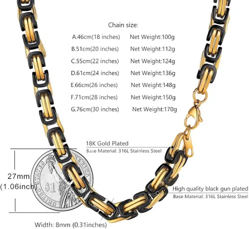 Vista 5 de PROSTEEL Collar de acero inoxidable de 0.157in, 0.236in, 0.315in, para hombres y mujeres, elegante y fresco, cadena bizantina tono negro dorado