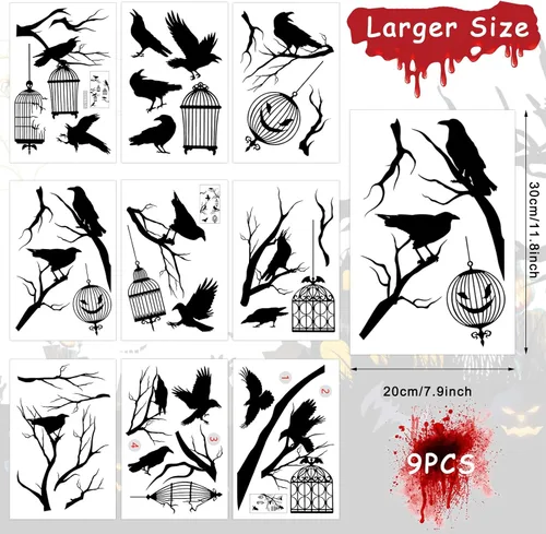 Vista 3 de AnyDesign Calcomanías para ventana de Halloween, 9 hojas de calcomanías de ventana de jaula de cuervo negro, de doble cara extraíble para fiesta