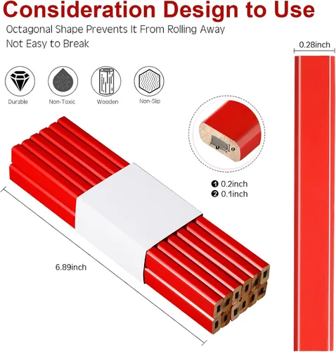 Vista 3 de 120 lápices de carpintero a granel, plan de construcción de madera natural de dureza media, madera plana, octogonal, rojo, negro, para marcado