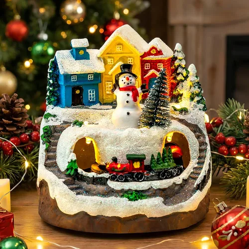 Vista 11 de MXwcy Decoración animada de pueblo navideño – Coro de iglesia iluminado y tren en movimiento en montaña nevada – Centro de mesa de estatua