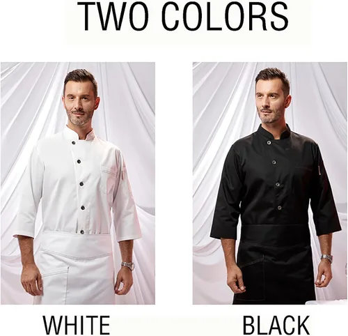 Vista 6 de Men Stand-Up Collar Chef Coat 34 Sleeve Lightweight Chef Jacket Chef Uniform With 2-Pockets Professional