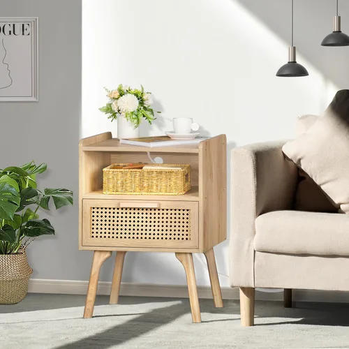 Vista 3 de Lerliuo Rattan Nightstand with Charging Station, Boho Night Stand Natural