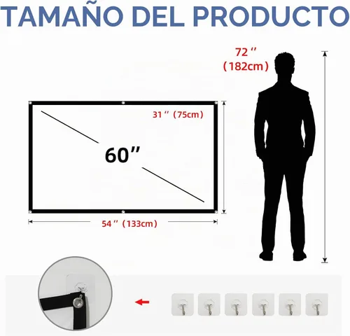 Vista 6 de Pantalla de proyector frontal trasera 4K 16:9 HD, plegable, de doble cara, portátil para cine en casa (60 pulgadas)