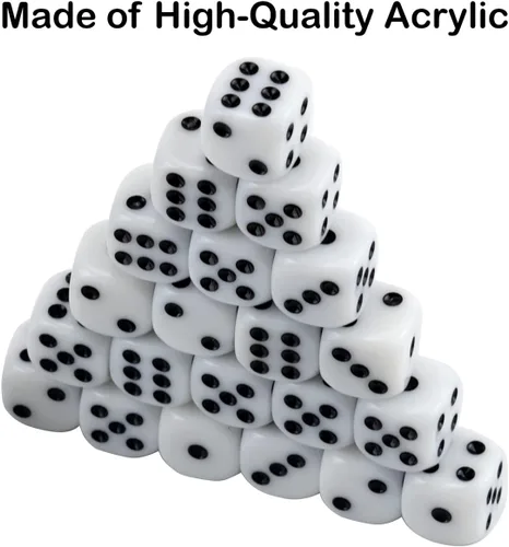 Vista 4 de Juego de 50 dados blancos de 0.639 pulgadas de acrílico redondeados de seis caras D6 con puntos negros para juegos de mesa, fiestas, diversión