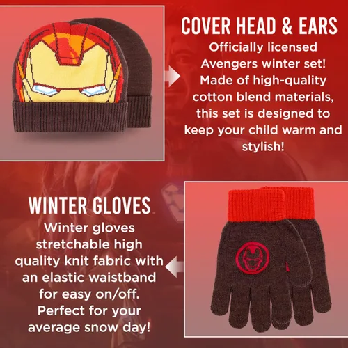 Vista 2 de Marvel Avengers - Juego de sombreros de invierno y guantes de nieve para niños y niños pequeños con lindos guantes y gorro suave, pompones esponjosos