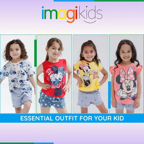 Vista 82 de Disney Minnie Mouse - Conjunto de camiseta floral arcoíris y pantalones cortos de cambray, tallas de bebé a niño grande (12 meses - 14-16)