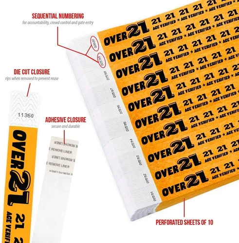 Vista 2 de WristCo - Pulseras Over 21, de Tyvek, impermeables, reciclables, cómodas y resistentes al desgarro para conciertos, festivales y fiestas de Naranja