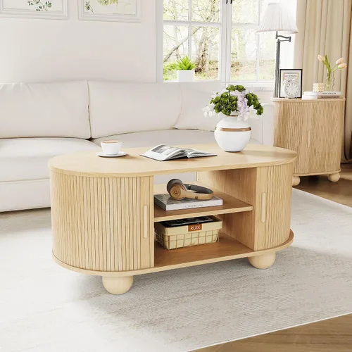 Vista 7 de Mesa auxiliar rectangular, mesas de centro acanaladas para sala de estar, mesa de centro de mediados de siglo con almacenamiento y puertas Natural