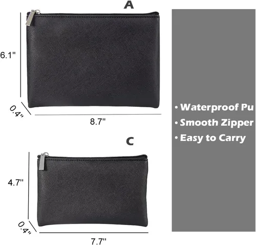 Vista 2 de Juego de 2 bolsas de maquillaje, pequeña bolsa de maquillaje con cremallera, bolsa de cosméticos portátil para viajes, bolsa de belleza de piel Negro